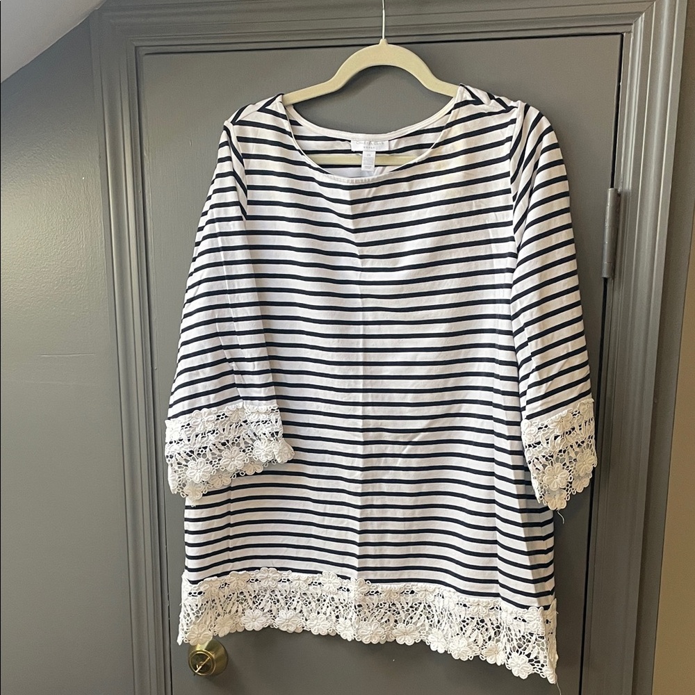 Charter Club White and Navy Striped Tunic with Lace Trim
